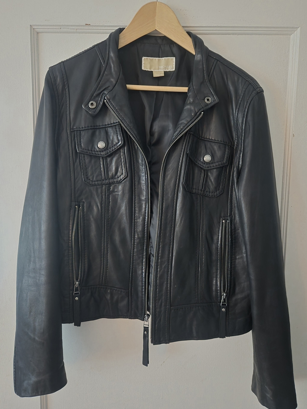 Women's Black Leather Zip Front Jacket